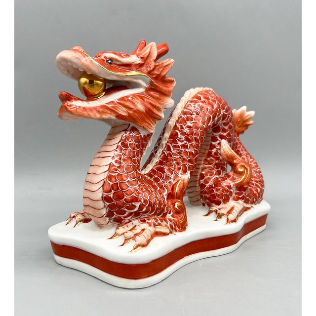 Red Vintage Hand-Painted Chinese Porcelain Dragon Sculpture With Flaming Pearl – Gumps San Francisco Style – Chinoiserie / Hollywood Regency For Sale - Image 8 of 14