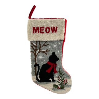 21st Century Hand Hooked Cat Christmas Stocking - "Meow" For Sale