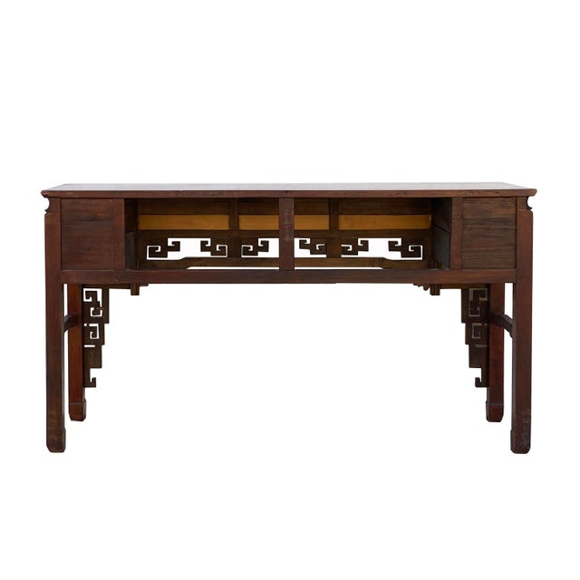 Wood Chinese Vintage Wood Foo Dog Scroll Motif Tall Console Altar Table For Sale - Image 7 of 11