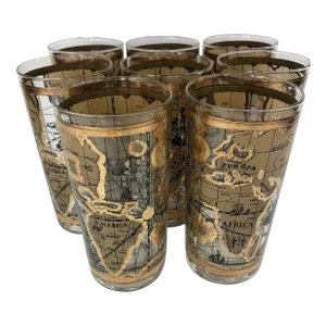 Vintage Cera Glass Highball Glasses With Old World Maps - Set of 8