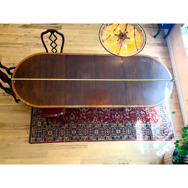 Vintage Banded Mahogany Double-Pedestal Dining Table (Seats 10-12) With 2 Documented 1971 Hickory Mfg. Co. Chairs & 2 Queen Anne-Style Armchairs For Sale - Image 9 of 13