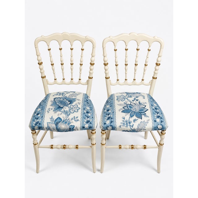 1970s Napoleon III Style Chair in Ivory Lacquer with Gilt Details and Blue Floral Upholstery, 1970s For Sale - Image 5 of 5