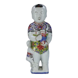 Antique 18th Century Chinese Kangxi Porcelain Figure of a Ho Ho Boy Holding a Vase With Child at His Feet in Famille Rose Palette