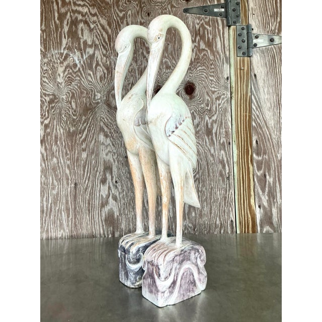 Ecru Vintage Boho Carved Wood Crane Statues - a Pair For Sale - Image 8 of 10