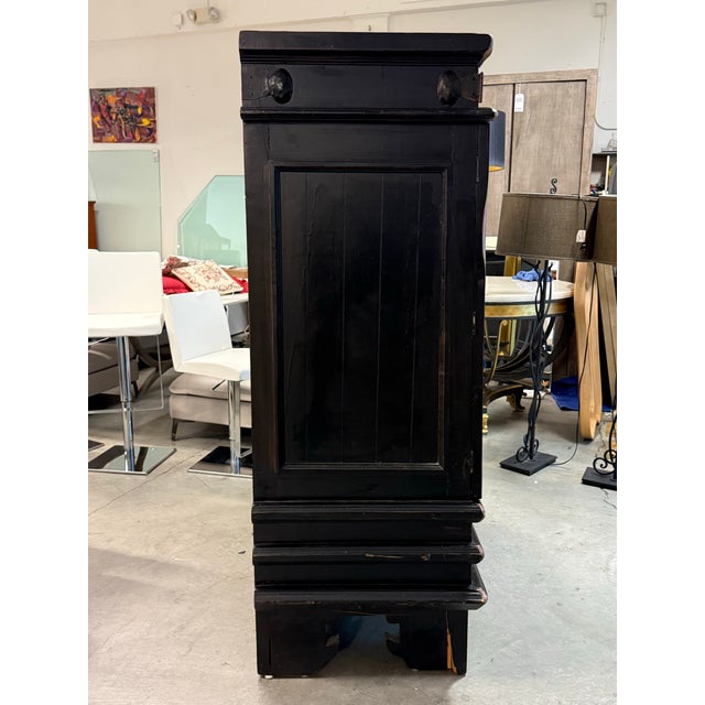 Late 20th Century Asian-Inspired Black Wood Armoire/ Media Center, Vintage For Sale - Image 5 of 12