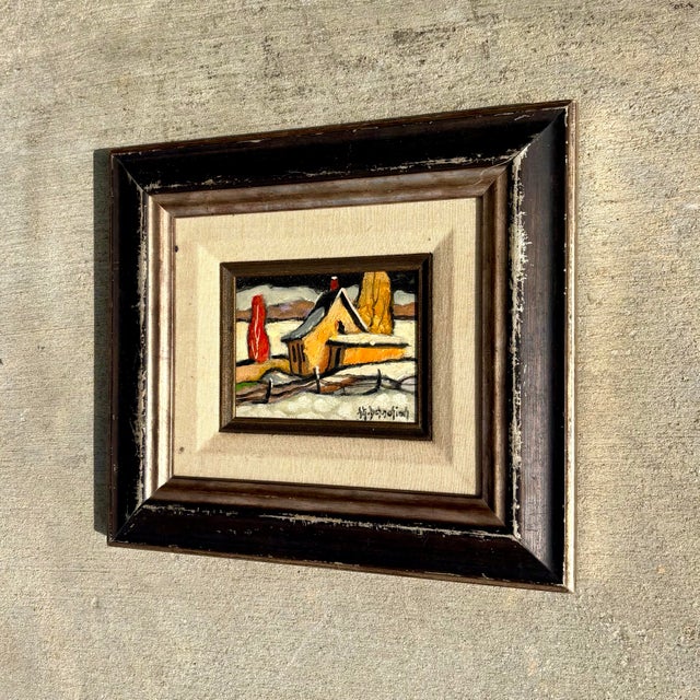 Wood Vintage Boho Winter Farm Oil Painting in Frame For Sale - Image 7 of 8