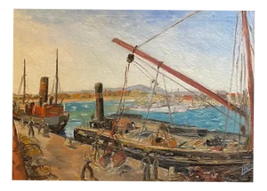 Leo Klein Von Diepold, Workers at the Port, Oil on Canvas, Framed
