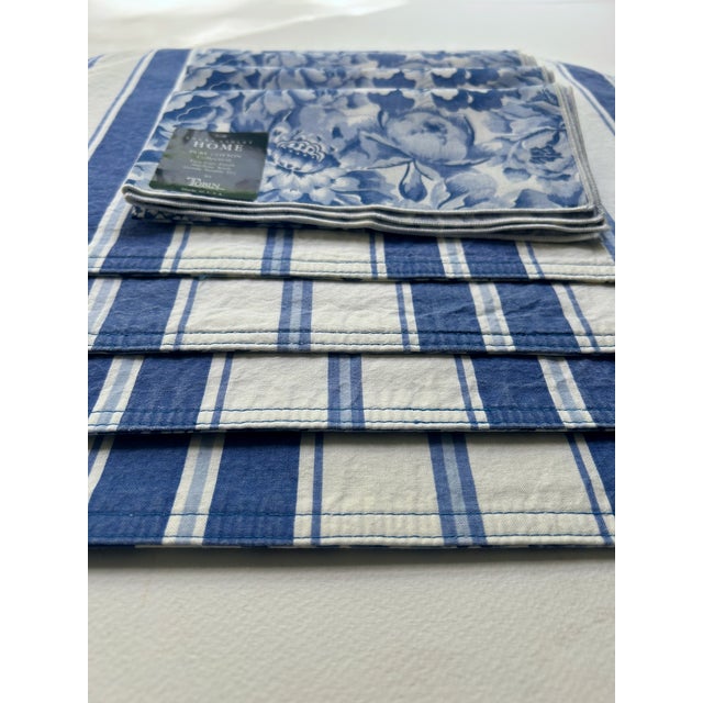Textile Late 20th Century Set of 4 Laura Ashley Home Blue & White Reversible Cotton Placemats & Napkins For Sale - Image 7 of 18