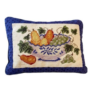 Vintage Wool & Velvet Needlepoint Fruit Bowl Accent Pillow For Sale
