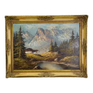 Alpine Landscape Oil Painting With Tyrolean Mountain Hut