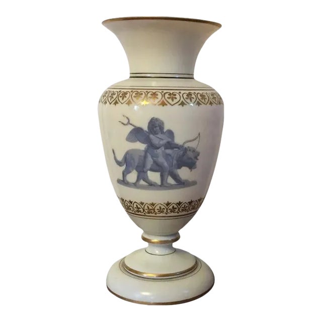 Antique 19th Century Bristol Glass Urn Vase Decorated with Cupid Leading Cerberus Painted en Grisaille For Sale