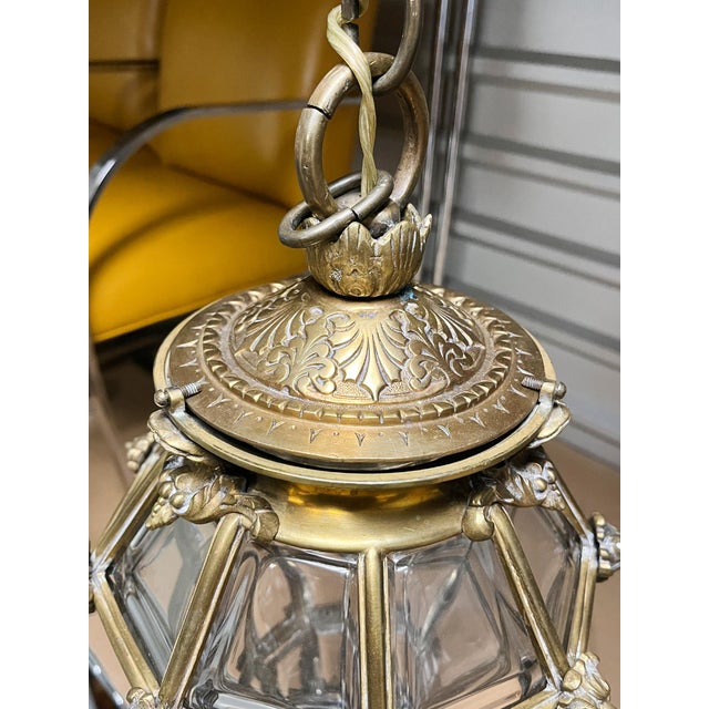 Early 20th Century Brass & Beveled Glass Lantern Pendant Light For Sale In New York - Image 6 of 10