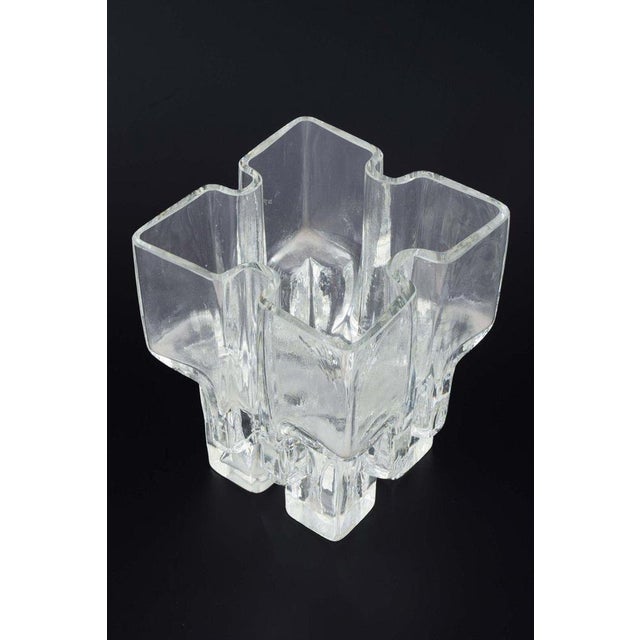 Helena Tynell for Riihimäen Lasi, Finland. Modern art glass vase, Architecturally inspired vase in clear pressed glass,...