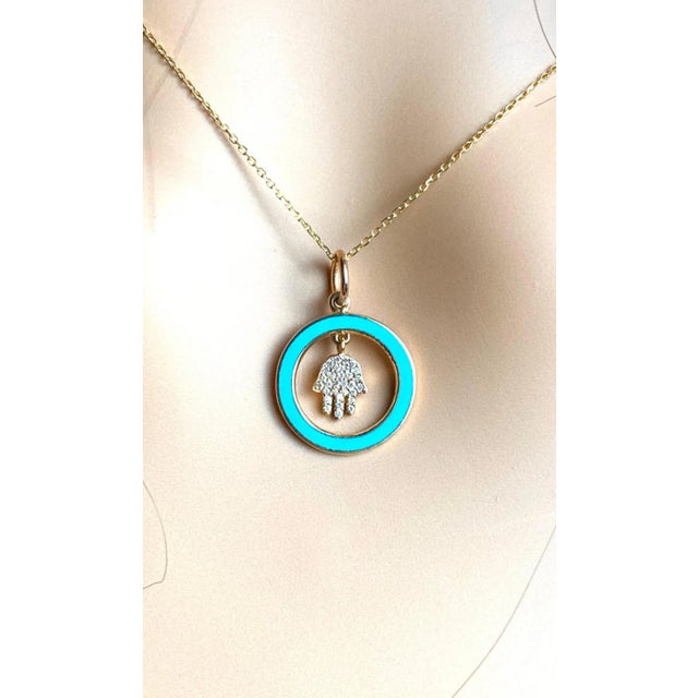 Blue 18k Yellow Gold Aaron Basha Vintage Diamond Enamel Hamsa Charm Necklace Pendant For Sale - Image 8 of 8