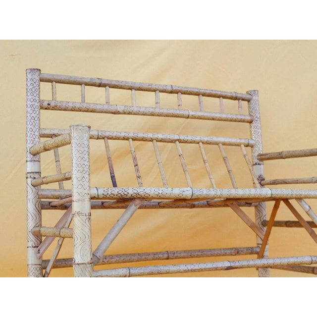 / / vintage burnt bamboo bench or love seat / stunning hand crafted piece featuring chunky 2" thick bamboo frame with...