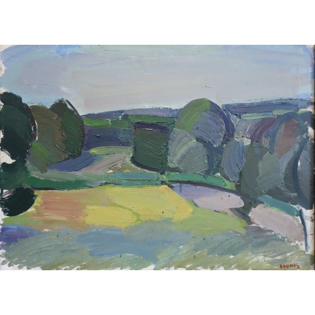 Mid-Century Modern 'Fields Beyond' Vintage Swedish Semi-Abstract Landscape Oil Painting, Framed For Sale - Image 9 of 13