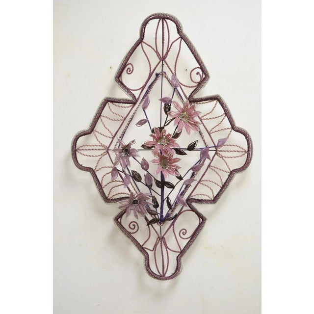 Early 20th Century French Victorian Glass Beaded Purple Flower Casket Wreath Wall Art Sculpture (B) For Sale - Image 11 of 11
