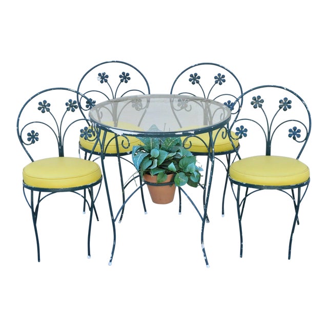 Vintage Plantation Patterns Iron Daisy Flower Bistro Dining Set 4 Chairs Table Chairish