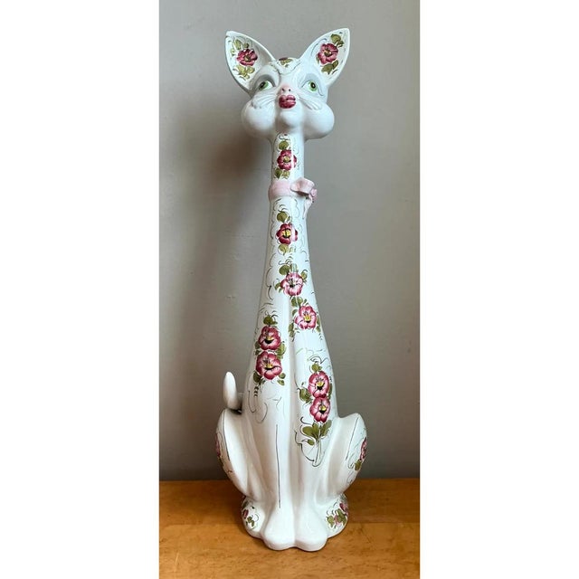 Pink Vintage Italian Floral Hand-Painted Ceramic Cat For Sale - Image 8 of 12