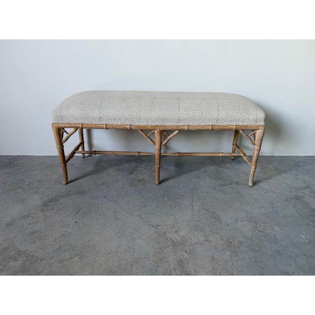Vintage Hollywood Regency Style Faux Bamboo Carved Upholstered Bench For Sale - Image 4 of 12