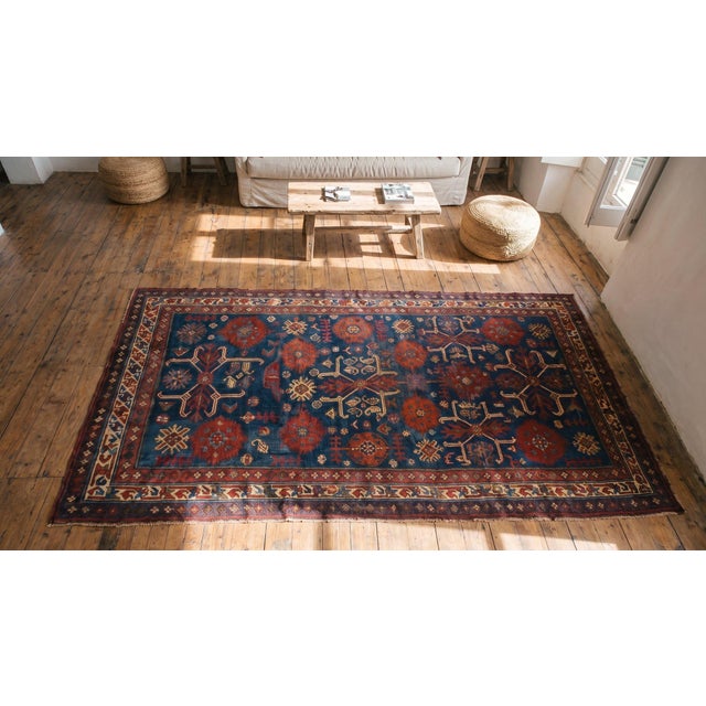 1880s Blue Geometric Tribal Antique Caucasian-Zeychor Rug 5'10" X 12'0" Handknotted Wool Carpet For Sale In New York - Image 6 of 7