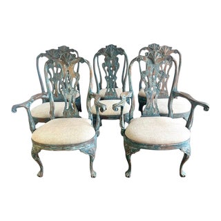 Set of Eight French Painted Dining Chairs W/ Linen Seats For Sale