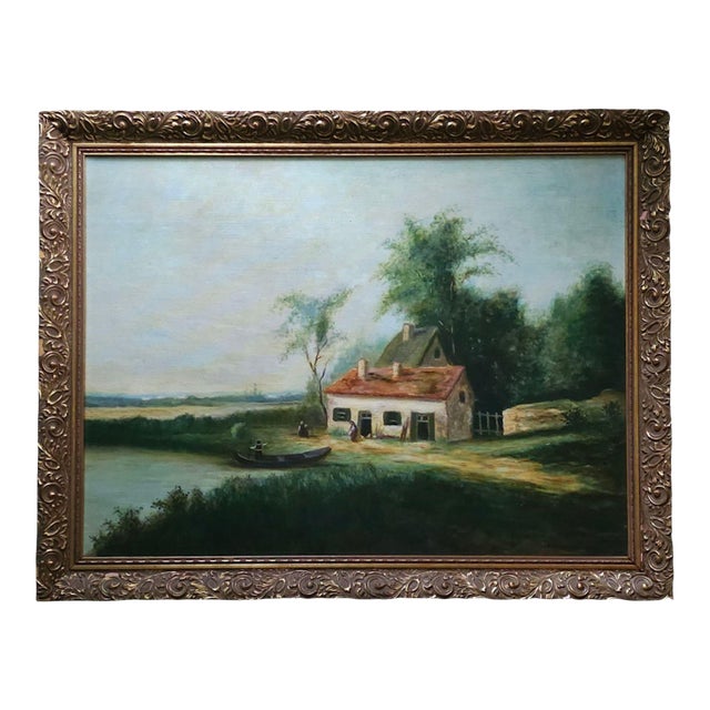 Flemish School Style Countryside Landscape With Figures, Oil on Canvas in Gilt Frame, 20th C For Sale
