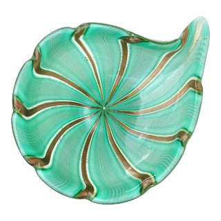 Murano Green Aventurine Gold Flecks Ribbons Vintage Italian Art Glass Mid-Century Decorative Bowl For Sale