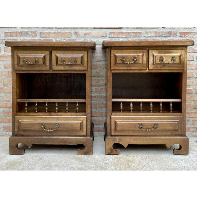 20th Spanish Nightstands with Three Drawers, One Shelf and Bronze Hardware, 1970s, Set of 2 For Sale - Image 15 of 15