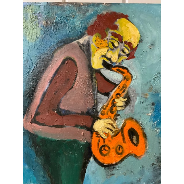 Figurative “Saxophone Player” 1982 Vintage Oil on Canvas by Meyer Kupferman For Sale - Image 3 of 9