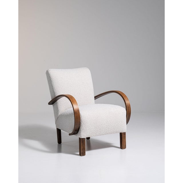 20th Century Czech Republic Warm Ivory Boucle Bentwood-Arm Lounge Chair For Sale - Image 9 of 11