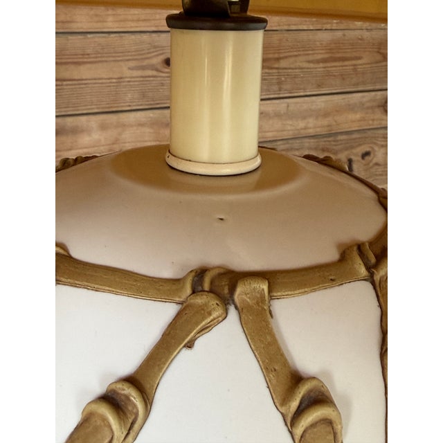 1970s Vintage Hollywood Regency Boho Faux Bamboo “Icing” Ceramic Table Lamps With Raffia Shades For Sale - Image 5 of 12