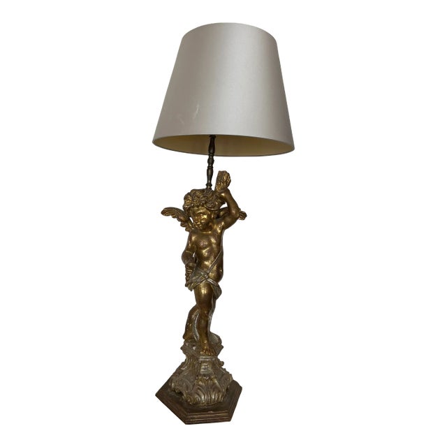 Antique Italian Gilt and Silver Carved Wood Angel Lamp For Sale