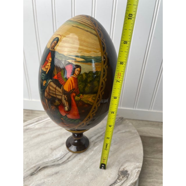 Folk Art Russian Kholuy Style Lacquer Egg Flight Into Egypt Signed Ryabov Vintage 10" Large For Sale - Image 3 of 11
