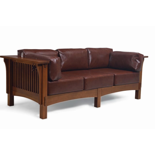 Crafters and Weavers Mission Crofter Sofa, Solid Quarter Sawn Oak and Leather Cushions in Chestnut Leather For Sale - Image 4 of 6