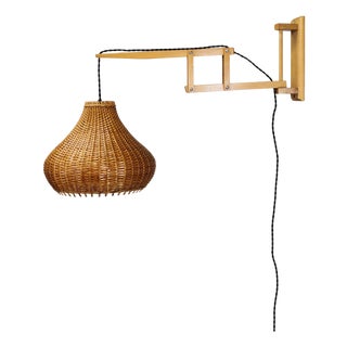 Mid-Century Adjustable Wooden Wall Lamp with Rattan Shade from Lipta, 1970s For Sale