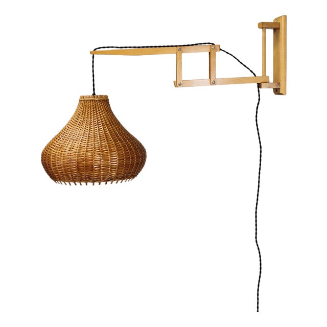 Mid-Century Adjustable Wooden Wall Lamp with Rattan Shade from Lipta, 1970s For Sale