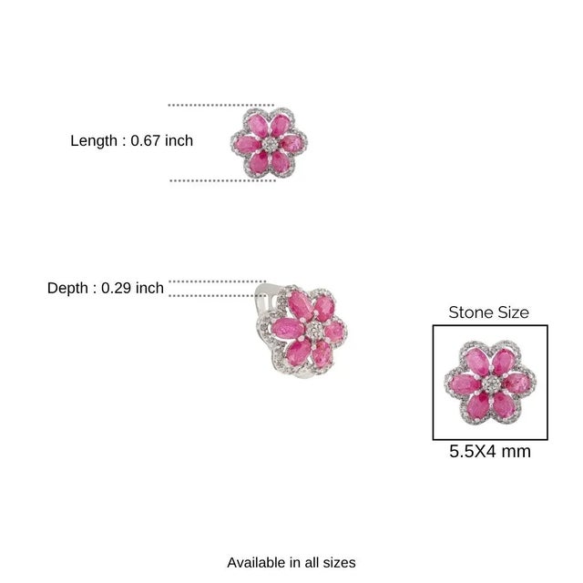 Handcrafted 925 Siver Oval Cut Ruby & Halo Diamond Flower Cocktail Ring - Size 6 For Sale - Image 9 of 10