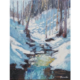 Original Oil Landscape, a Winter Stream in the Woods For Sale