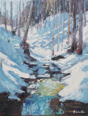 Original Oil Landscape, a Winter Stream in the Woods