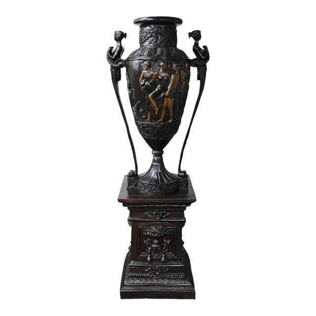 Mid 20th Century Tall Black Metal Urn With Pedestal For Sale