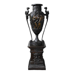 Mid 20th Century Tall Black Metal Urn With Pedestal