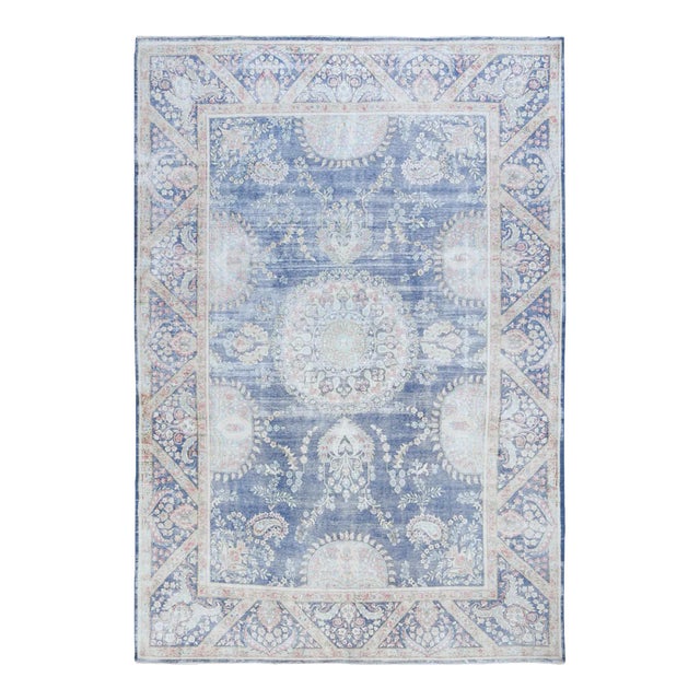 1960s Navy Blue Vintage Persian Kerman Hand Knotted Wool Distressed Rug For Sale