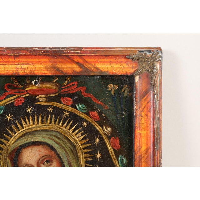 Mexican Our Lady of the Cave, Oil on Tin, 19th Century For Sale - Image 3 of 10