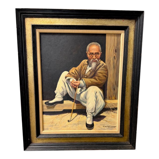 David Cheng Hong Kong 1961 Portrait of Scholar with Opium Pipe Oil Painting For Sale