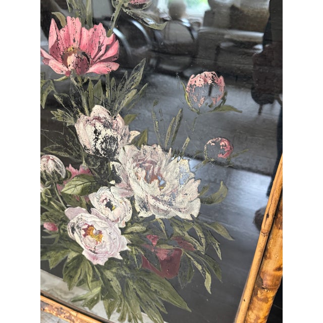 Victorian Early 20th Century Late Victorian Bamboo and Painted Glass Firescreen For Sale - Image 3 of 11