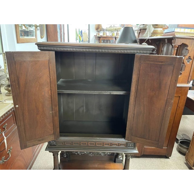 Antique 1920's Hand Carved Walnut Bar Cabinet, Jacobean Revival, Refinished For Sale - Image 4 of 10