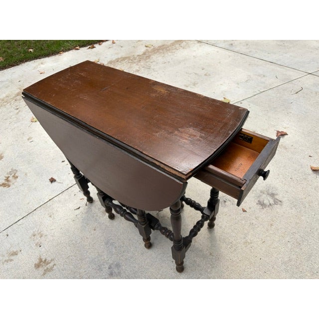 Antique Gateleg Drop Leaf Oval Dining Table With Drawer For Sale - Image 6 of 10