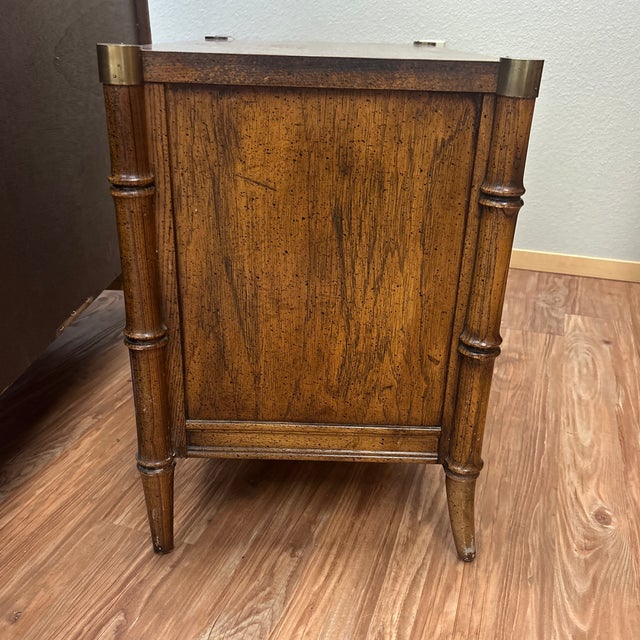 Hollywood Regency Vintage 1970s Stanley Furniture Faux Bamboo Cane Door Nightstand With Brass Caps For Sale - Image 3 of 5