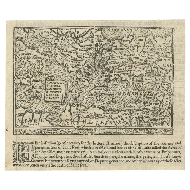 Very rare untitled antique woodcut map showing the region of the missionary journeys of Apostle Paul. It shows the...